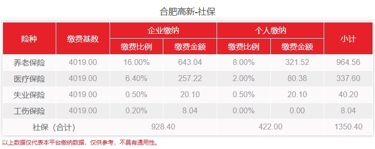 合肥高新个人社保费用